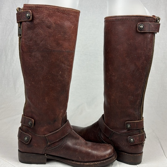Frye Veronica Mid-Calf Zip Back Brown Leather Riding Boots - Picture 3 of 9
